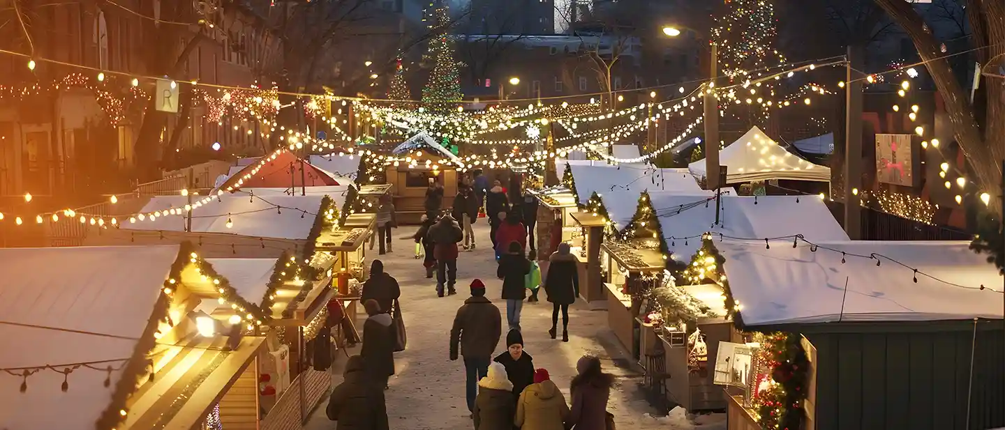 Weihnachtsmarkt Panorama von oben, das Buden und Menschen zeigt, die in weihnachtlicher Beleuchtung unterwegs sind. Es liegt Schnee.